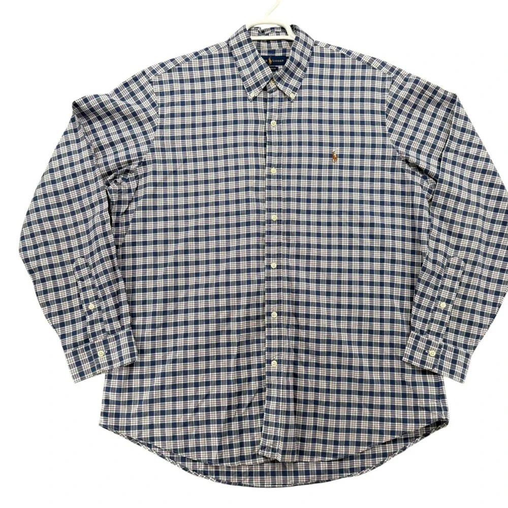 Polo Ralph Lauren Mens XL Classic Fit Plaid Button Down Shirt Navy Blue Cotton